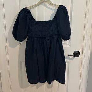 Abercrombie & Fitch Emerson Linen Blend Puff Sleeve Mini Dress NAVY Small